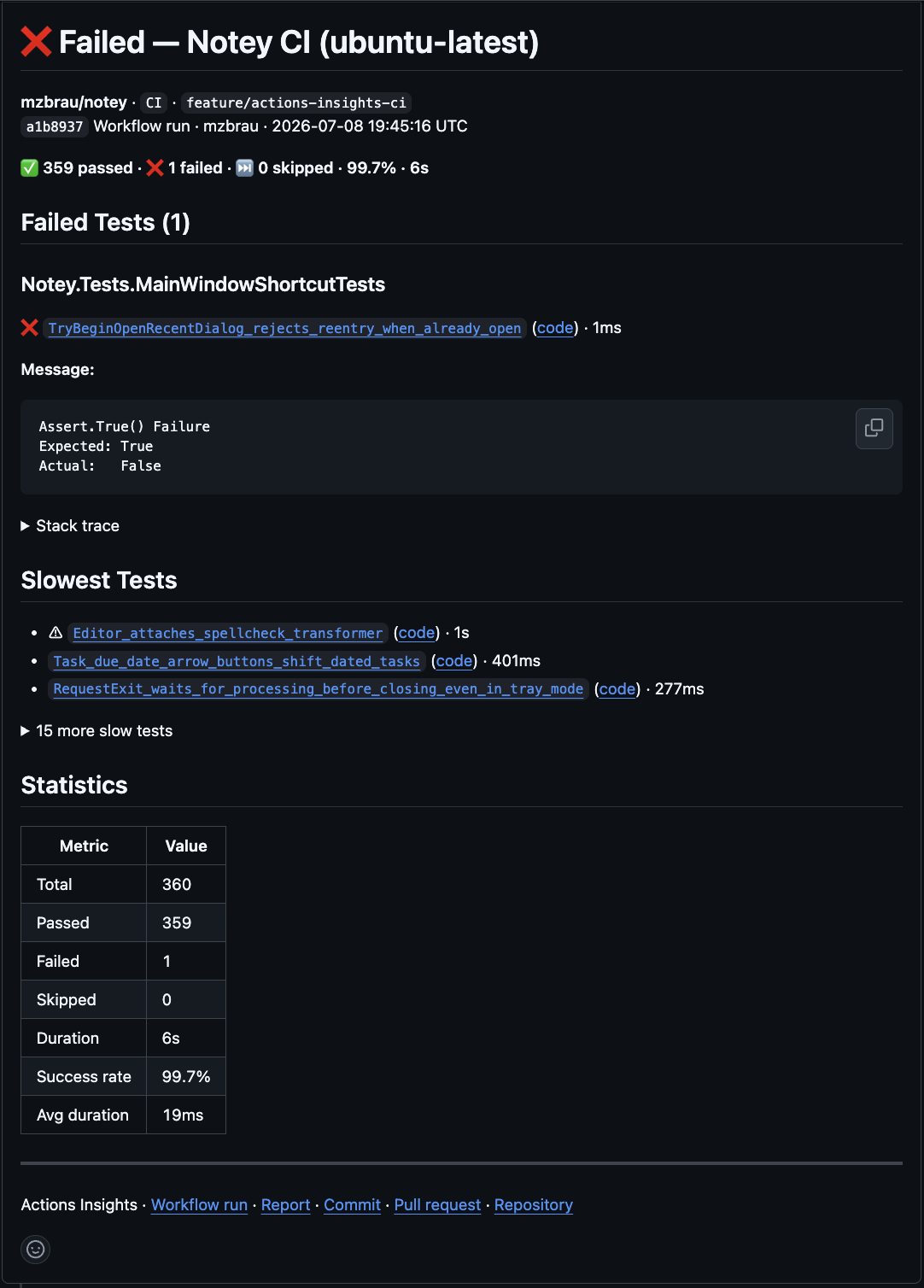 PR comment showing failed test details and stack trace